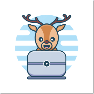 Cute Deer Character Playing Personal Computer Posters and Art